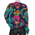 Teal Pink Sugar Skull Pattern Print Women's Crewneck Sweatshirt GearFrost