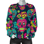 Teal Pink Sugar Skull Pattern Print Women's Crewneck Sweatshirt GearFrost