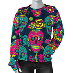 Teal Pink Sugar Skull Pattern Print Women's Crewneck Sweatshirt GearFrost