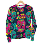 Teal Pink Sugar Skull Pattern Print Women's Crewneck Sweatshirt GearFrost