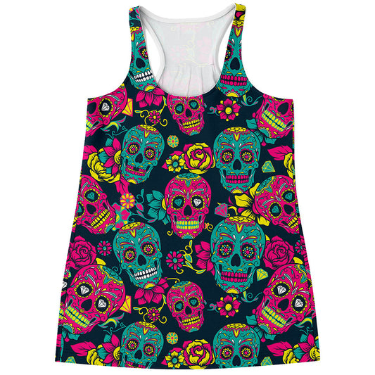Teal Pink Sugar Skull Pattern Print Women's Racerback Tank Top