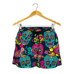 Teal Pink Sugar Skull Pattern Print Women's Shorts