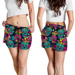 Teal Pink Sugar Skull Pattern Print Women's Shorts