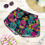 Teal Pink Sugar Skull Pattern Print Women's Shorts