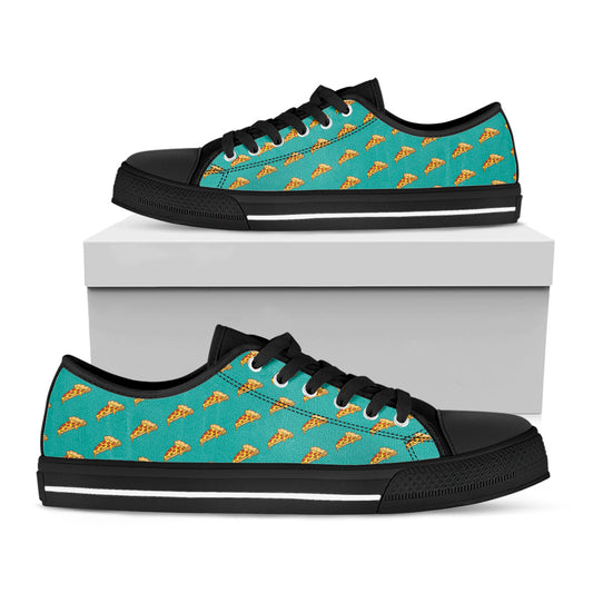 Teal Pizza Pattern Print Black Low Top Shoes