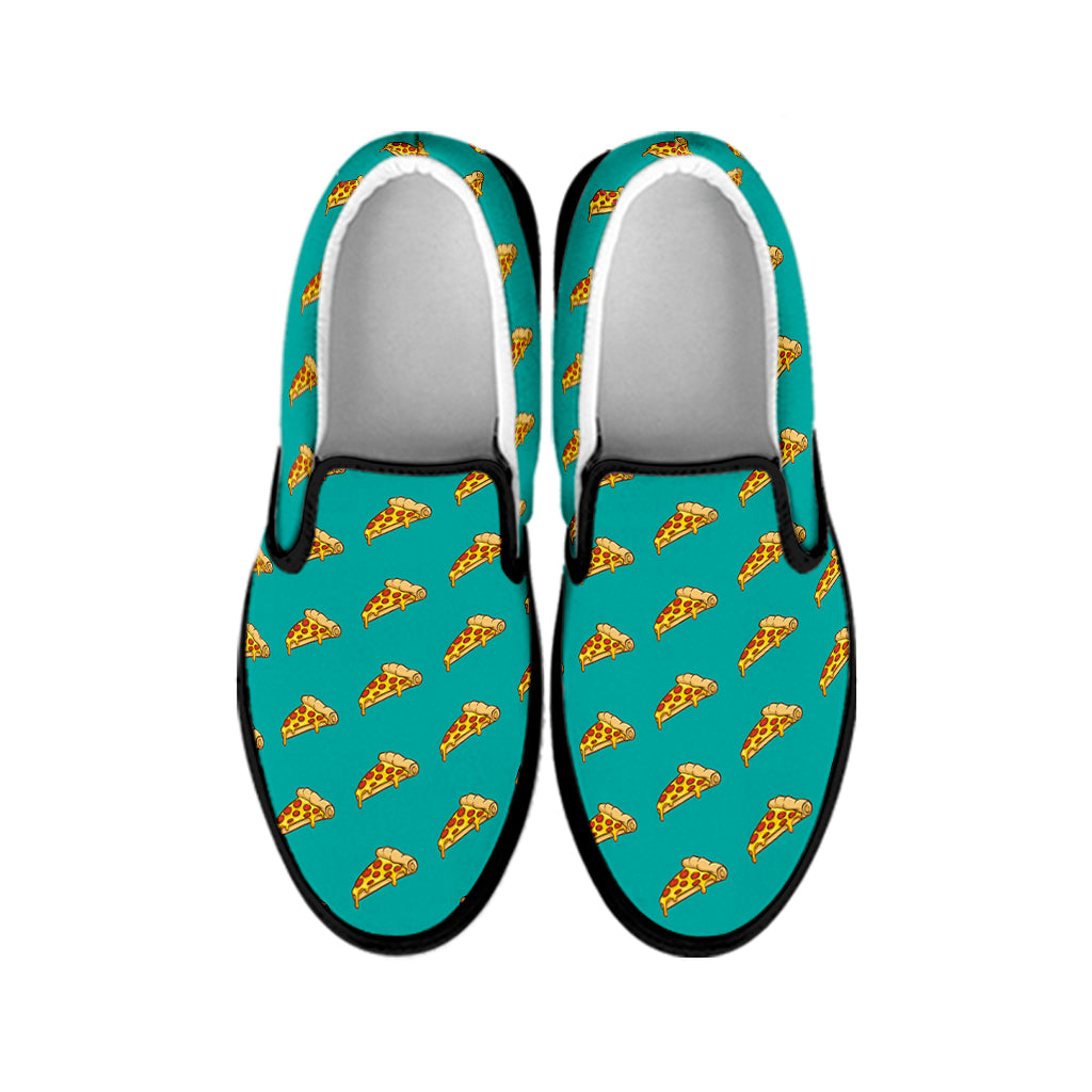 Teal Pizza Pattern Print Black Slip On Shoes