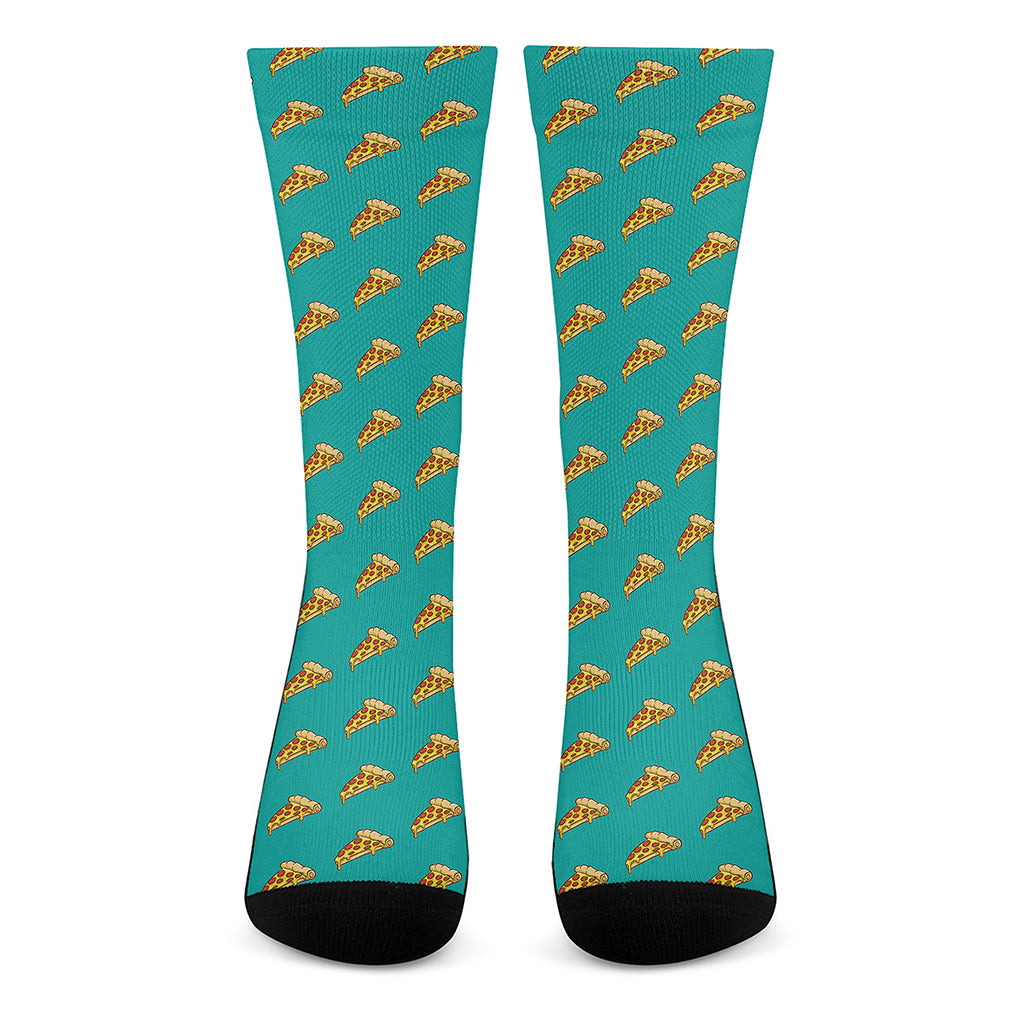 Teal Pizza Pattern Print Crew Socks