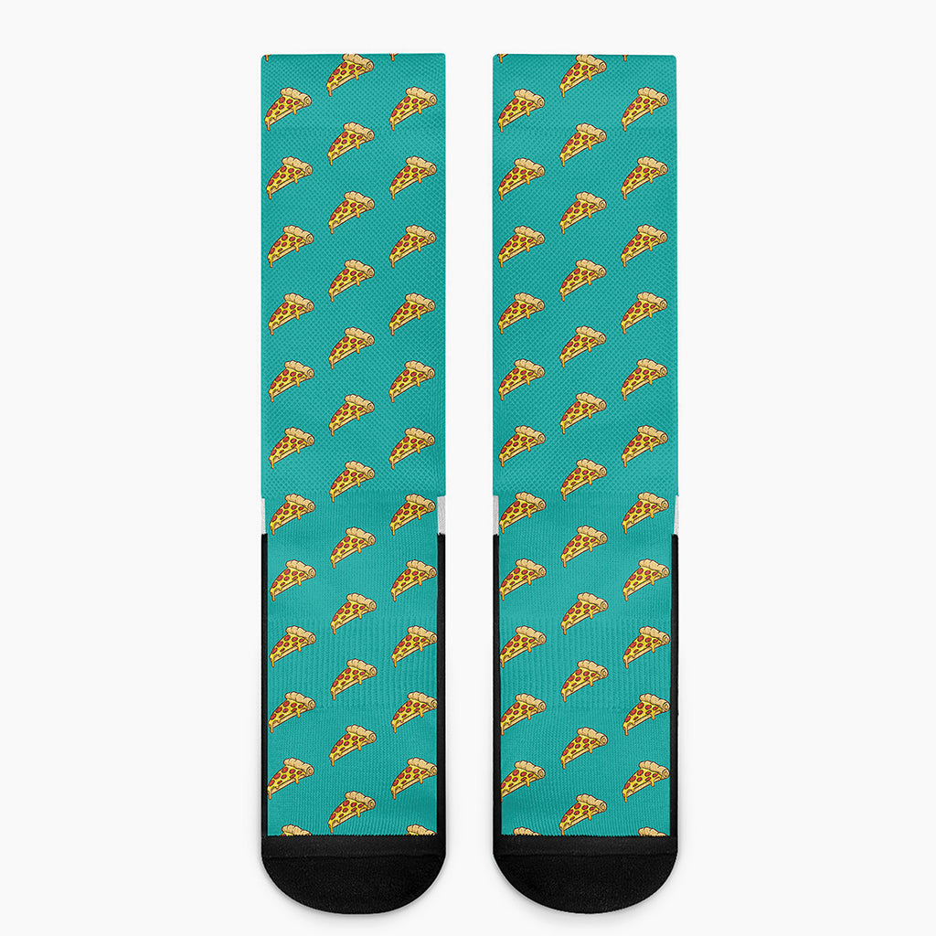 Teal Pizza Pattern Print Crew Socks