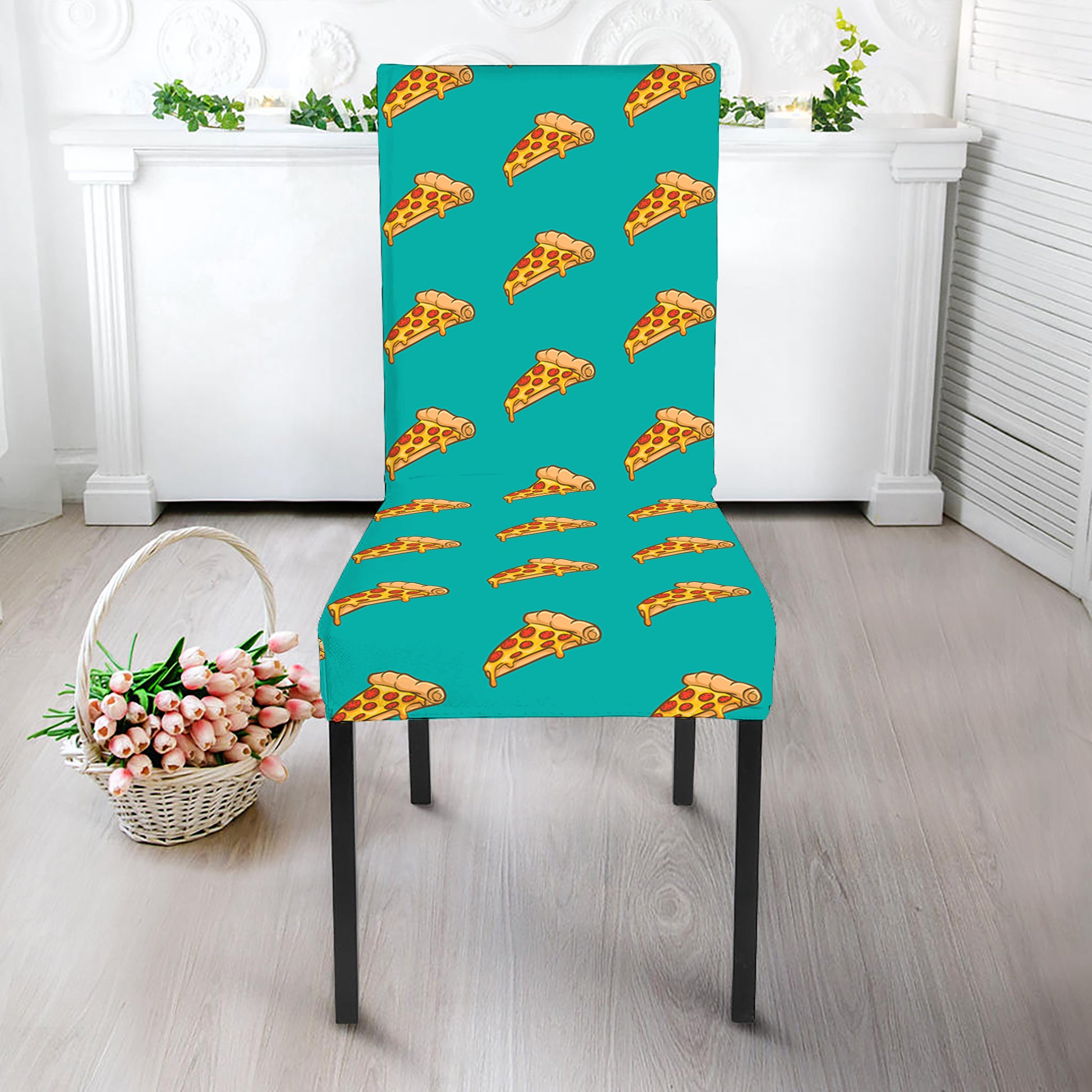 Teal Pizza Pattern Print Dining Chair Slipcover