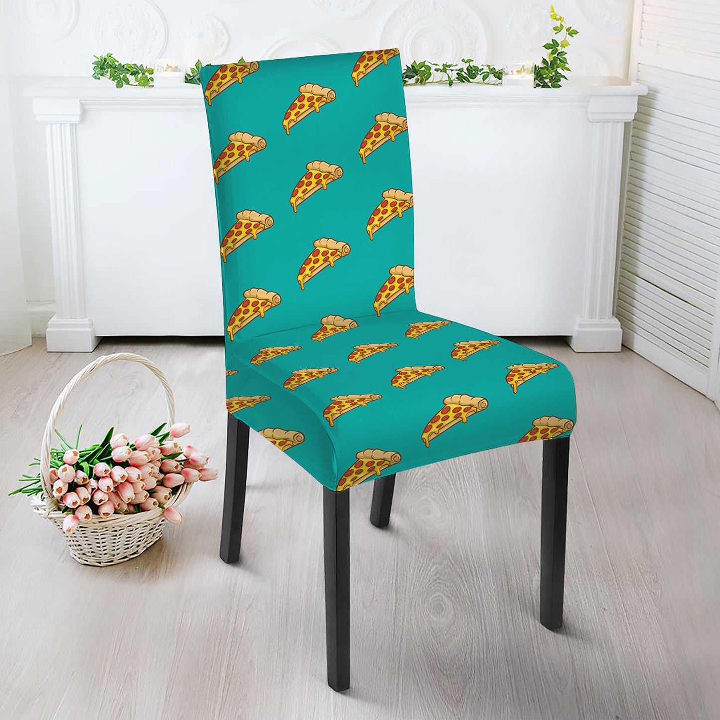 Teal Pizza Pattern Print Dining Chair Slipcover