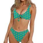 Teal Pizza Pattern Print Front Bow Tie Bikini