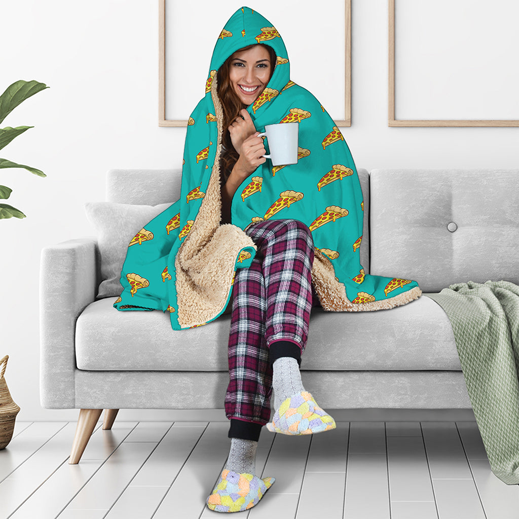Teal Pizza Pattern Print Hooded Blanket