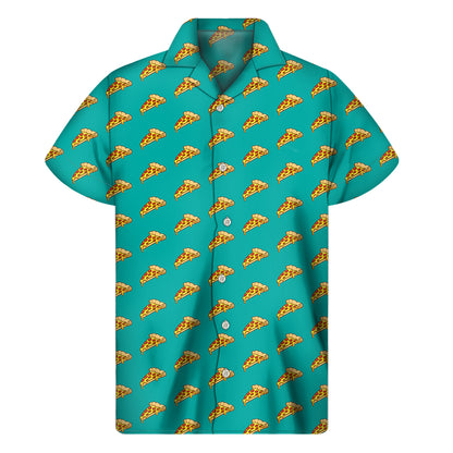 Teal Pizza Pattern Print Men's Short Sleeve Shirt
