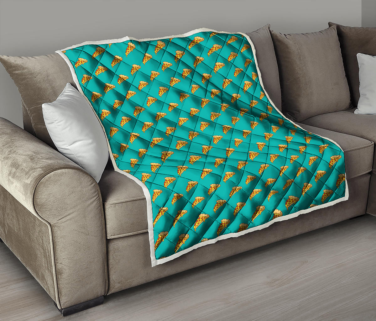 Teal Pizza Pattern Print Quilt