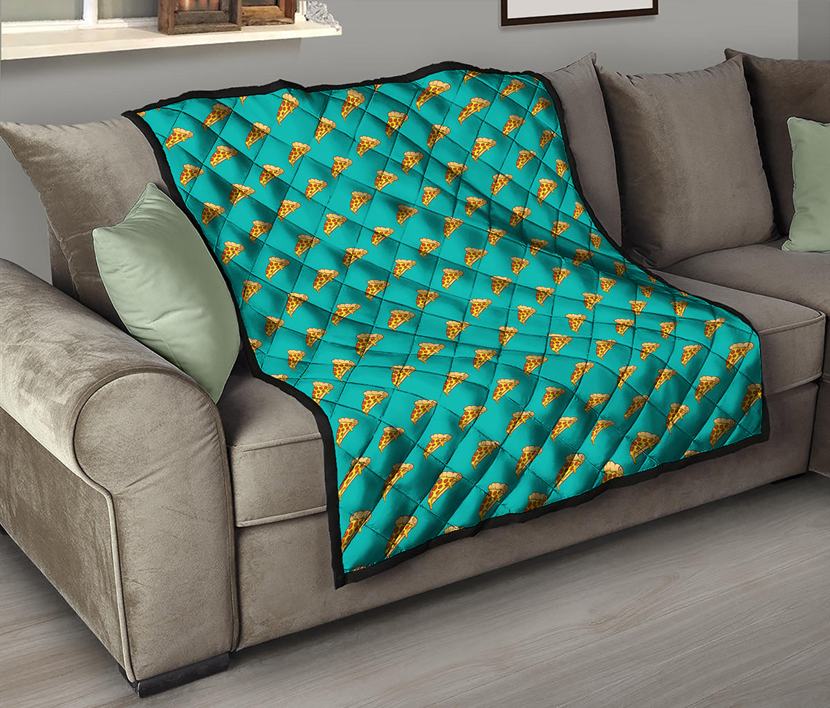 Teal Pizza Pattern Print Quilt