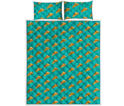 Teal Pizza Pattern Print Quilt Bed Set