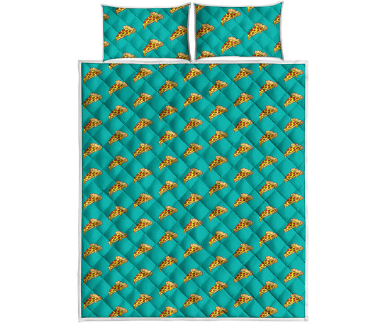 Teal Pizza Pattern Print Quilt Bed Set