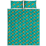 Teal Pizza Pattern Print Quilt Bed Set
