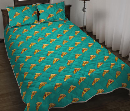 Teal Pizza Pattern Print Quilt Bed Set