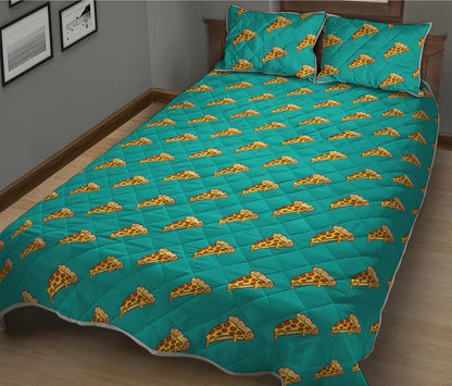 Teal Pizza Pattern Print Quilt Bed Set