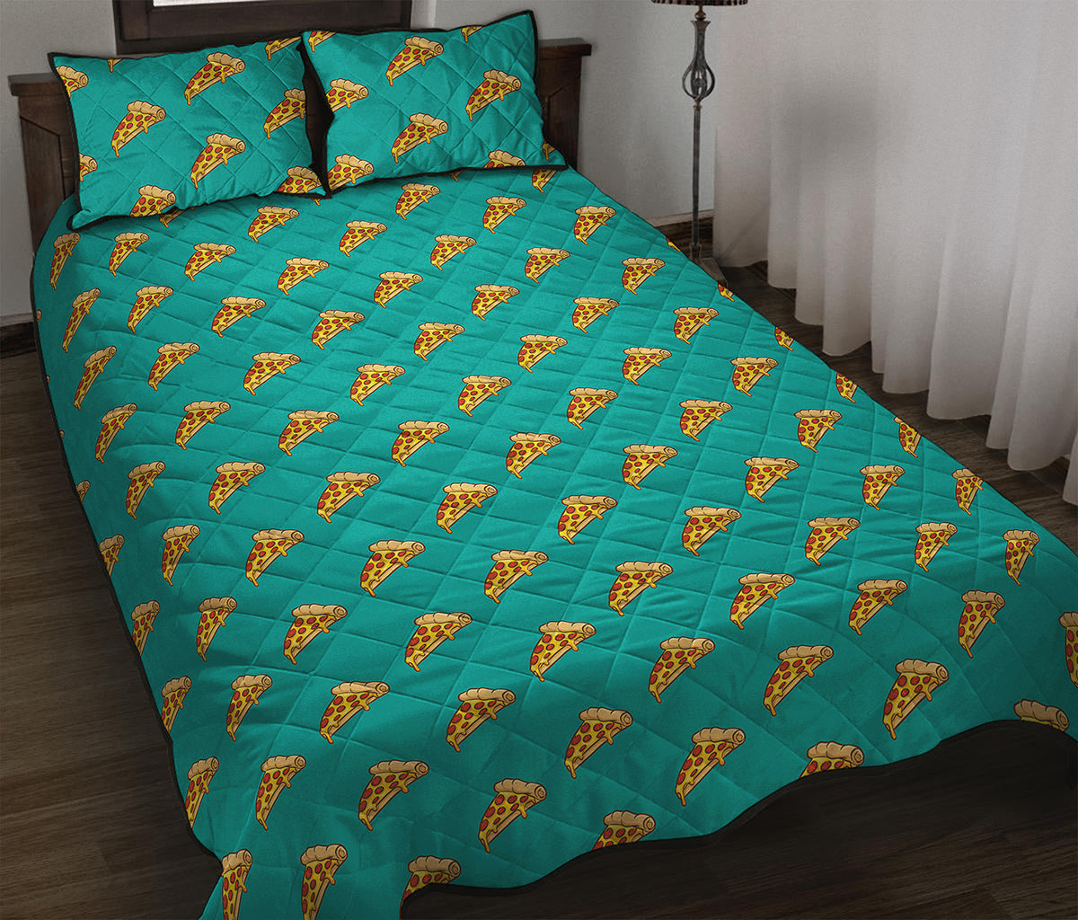 Teal Pizza Pattern Print Quilt Bed Set