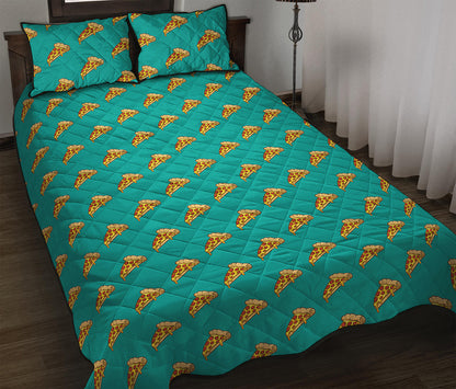 Teal Pizza Pattern Print Quilt Bed Set