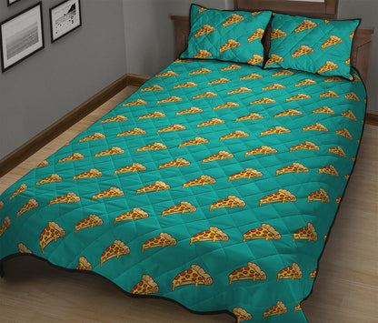 Teal Pizza Pattern Print Quilt Bed Set
