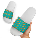 Teal Pizza Pattern Print White Slide Sandals