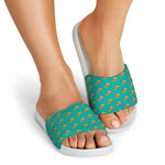 Teal Pizza Pattern Print White Slide Sandals
