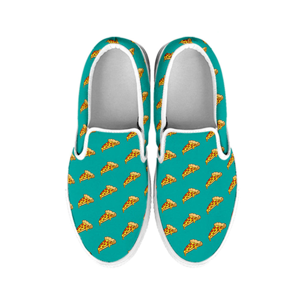 Teal Pizza Pattern Print White Slip On Shoes