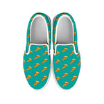 Teal Pizza Pattern Print White Slip On Shoes