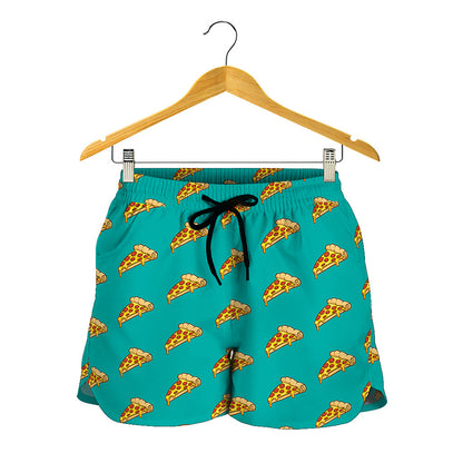 Teal Pizza Pattern Print Women's Shorts