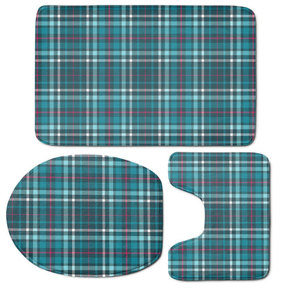 Teal Plaid Pattern Print 3 Piece Bath Mat Set
