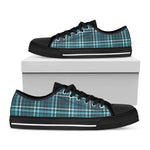 Teal Plaid Pattern Print Black Low Top Shoes