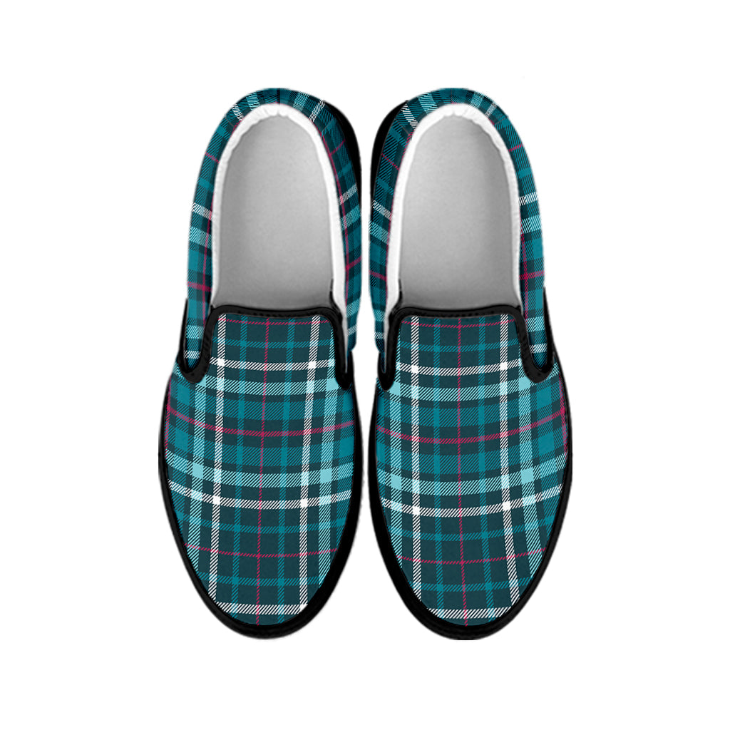 Teal Plaid Pattern Print Black Slip On Shoes