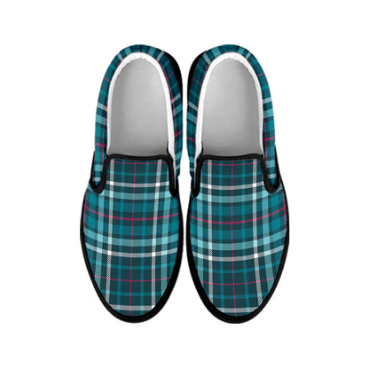 Teal Plaid Pattern Print Black Slip On Shoes