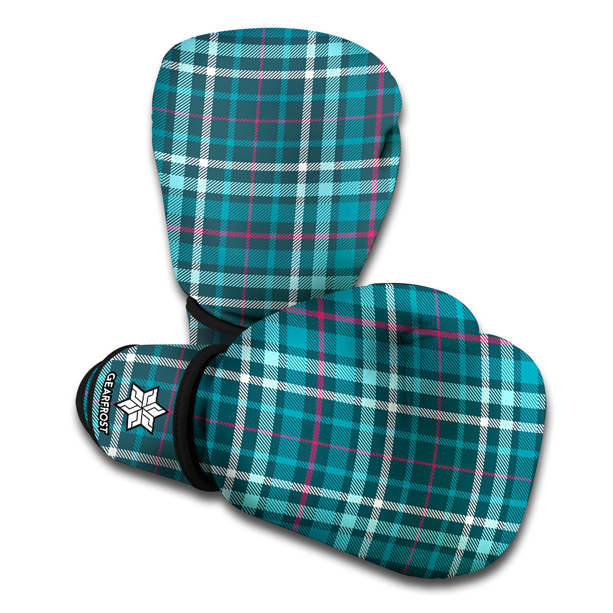 Teal Plaid Pattern Print Boxing Gloves