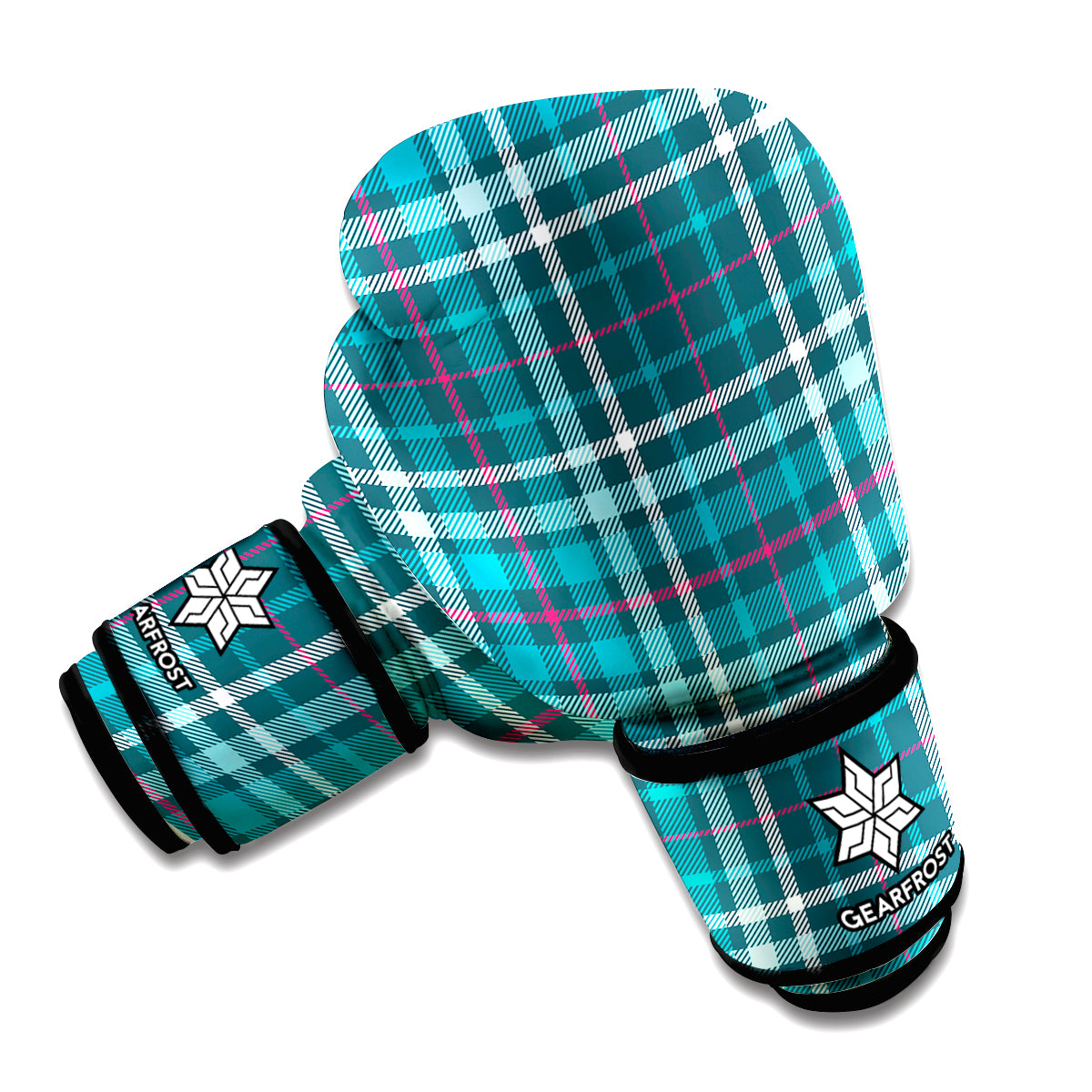 Teal Plaid Pattern Print Boxing Gloves