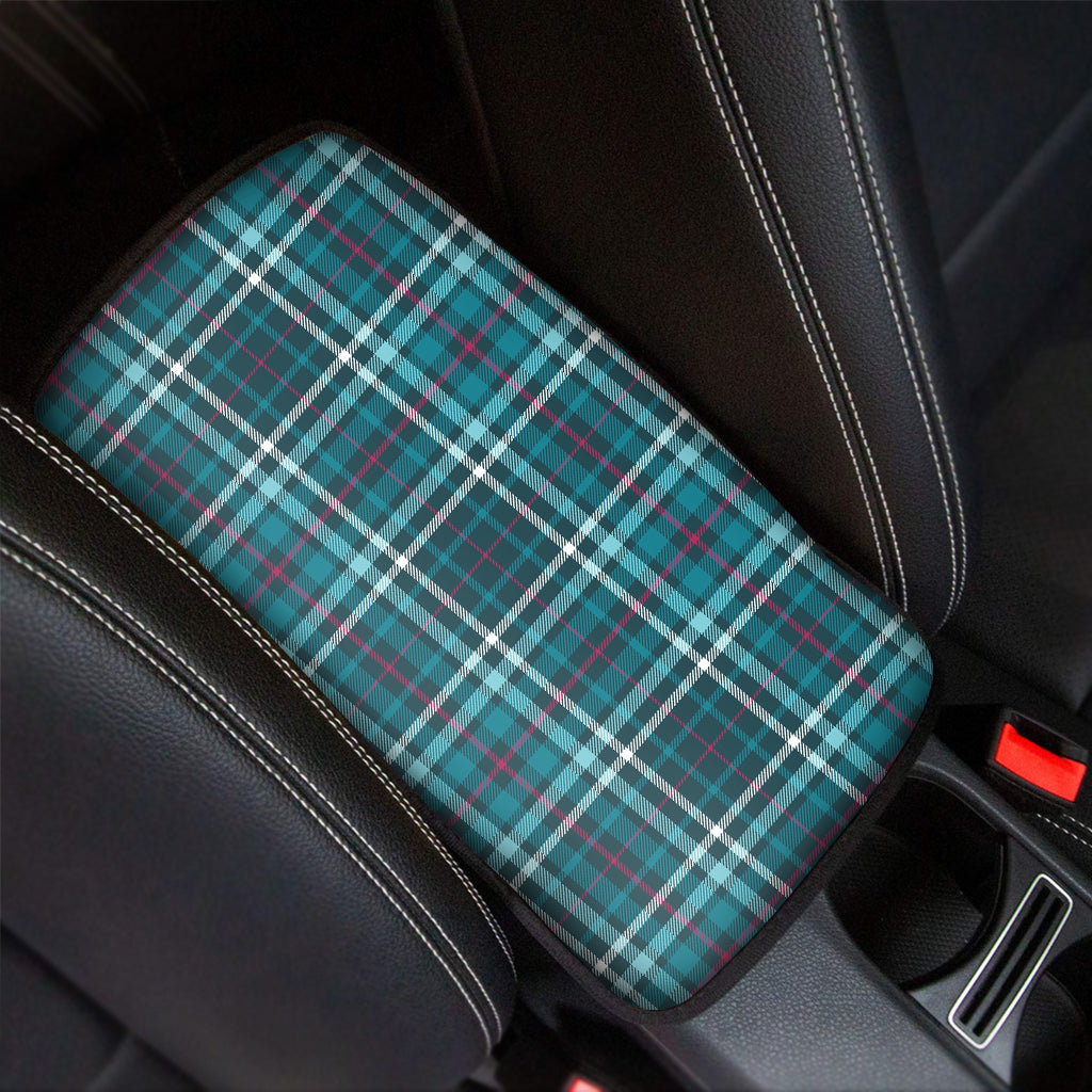 Teal Plaid Pattern Print Car Center Console Cover
