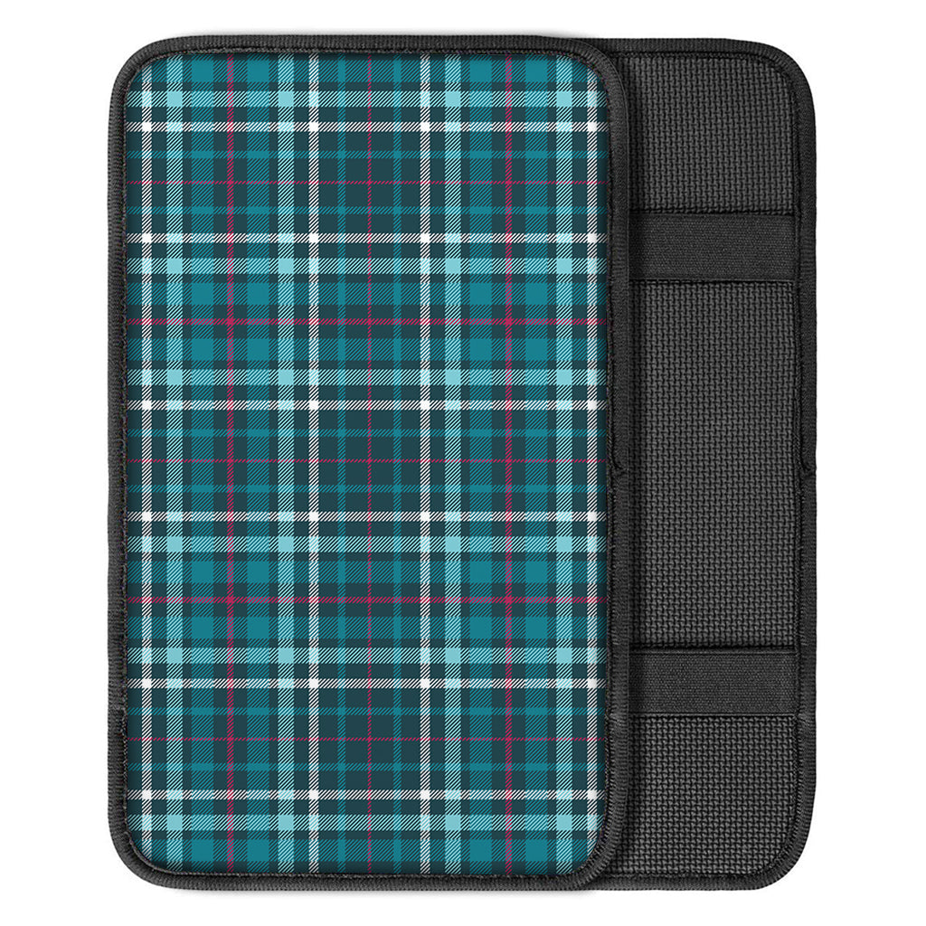 Teal Plaid Pattern Print Car Center Console Cover