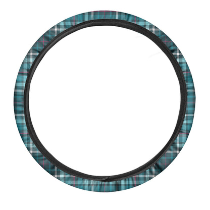 Teal Plaid Pattern Print Car Steering Wheel Cover