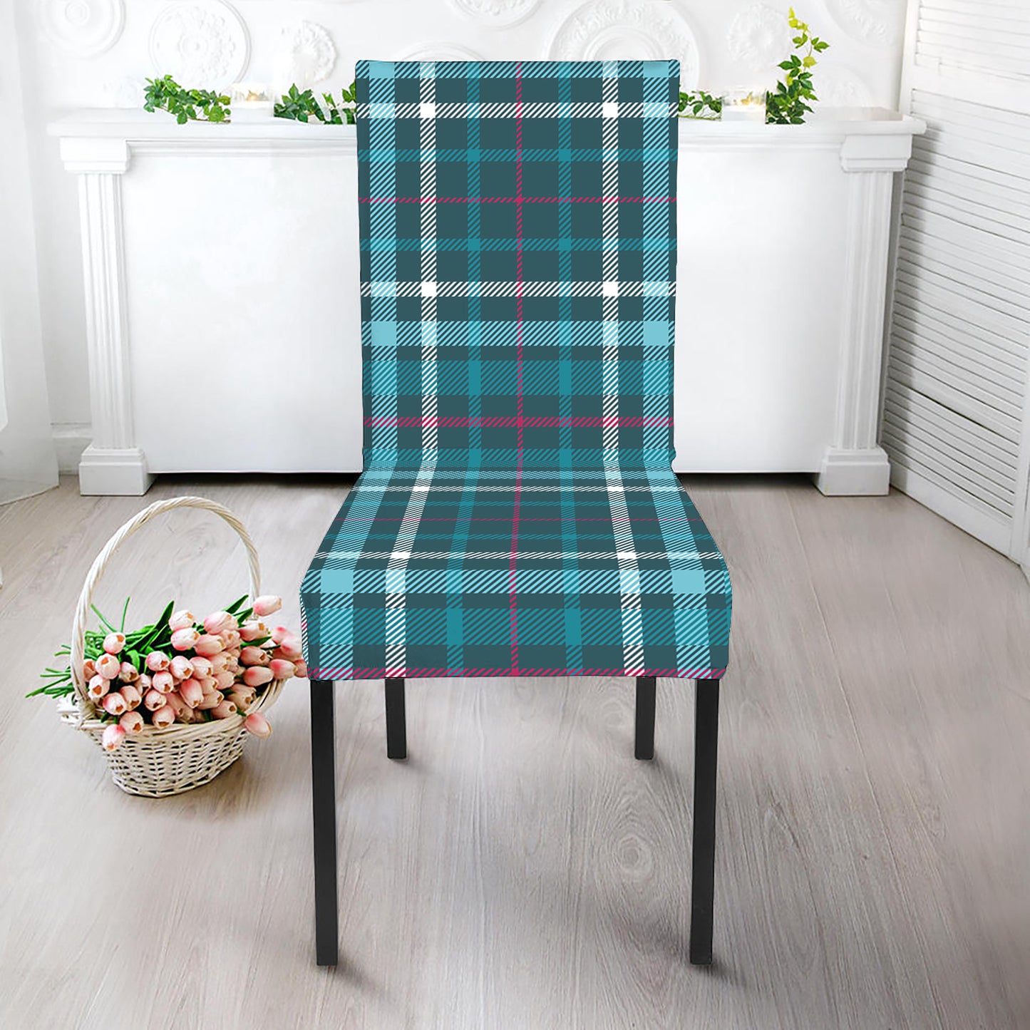 Teal Plaid Pattern Print Dining Chair Slipcover