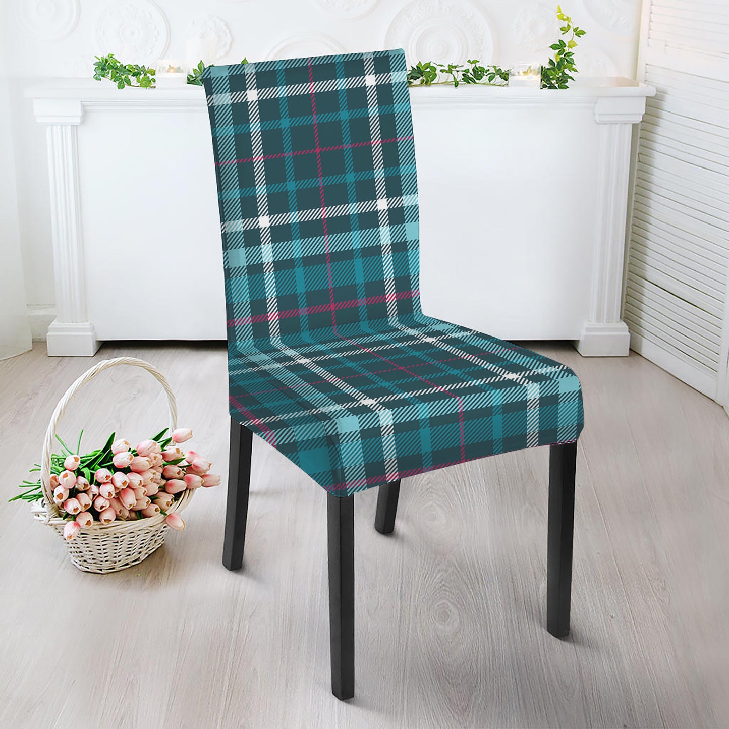 Teal Plaid Pattern Print Dining Chair Slipcover