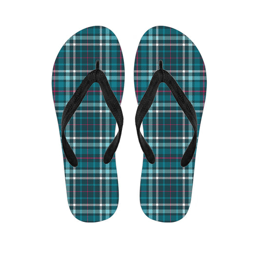 Teal Plaid Pattern Print Flip Flops