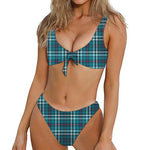 Teal Plaid Pattern Print Front Bow Tie Bikini