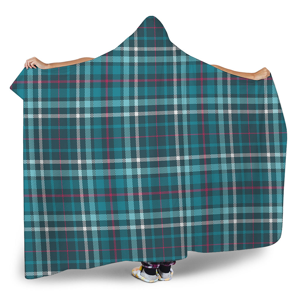 Teal Plaid Pattern Print Hooded Blanket