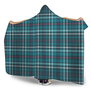 Teal Plaid Pattern Print Hooded Blanket