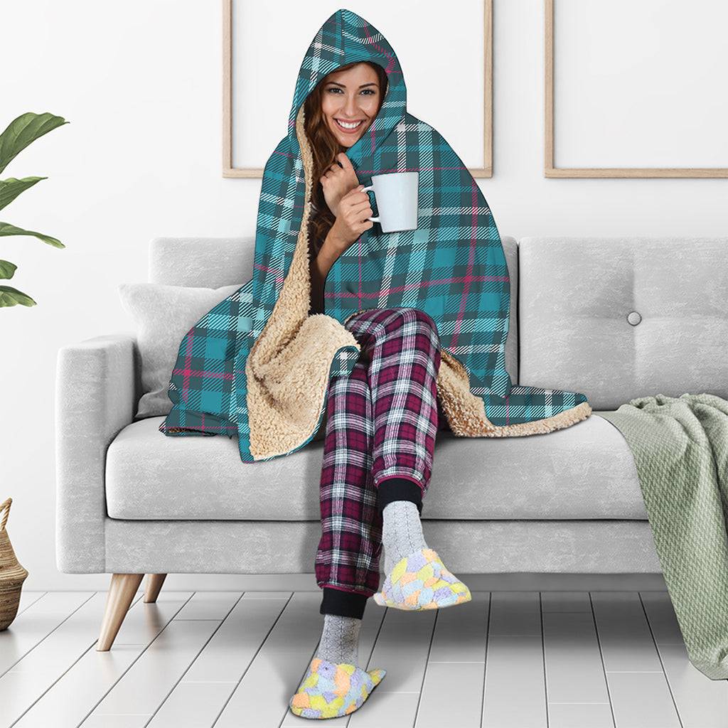 Teal Plaid Pattern Print Hooded Blanket