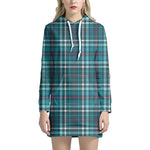 Teal Plaid Pattern Print Hoodie Dress