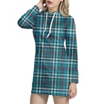 Teal Plaid Pattern Print Hoodie Dress